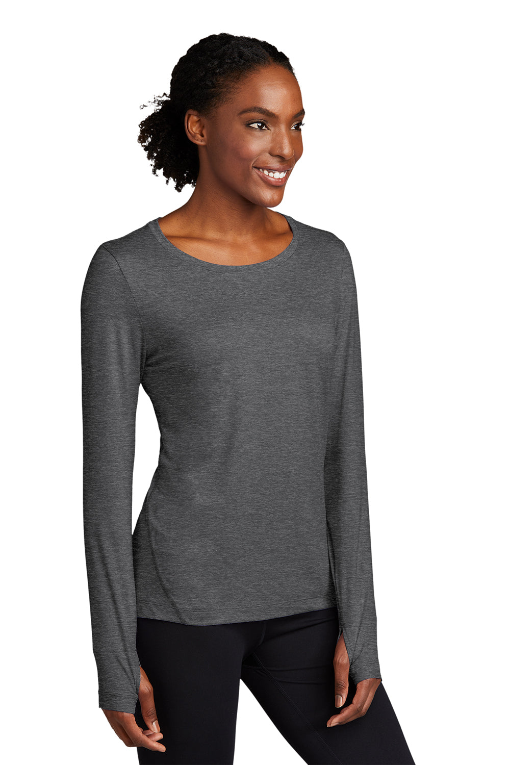 Sport-Tek LST710 Womens Exchange 1.5 Long Sleeve Crewneck T-Shirt Heather Graphite Grey Model 3q