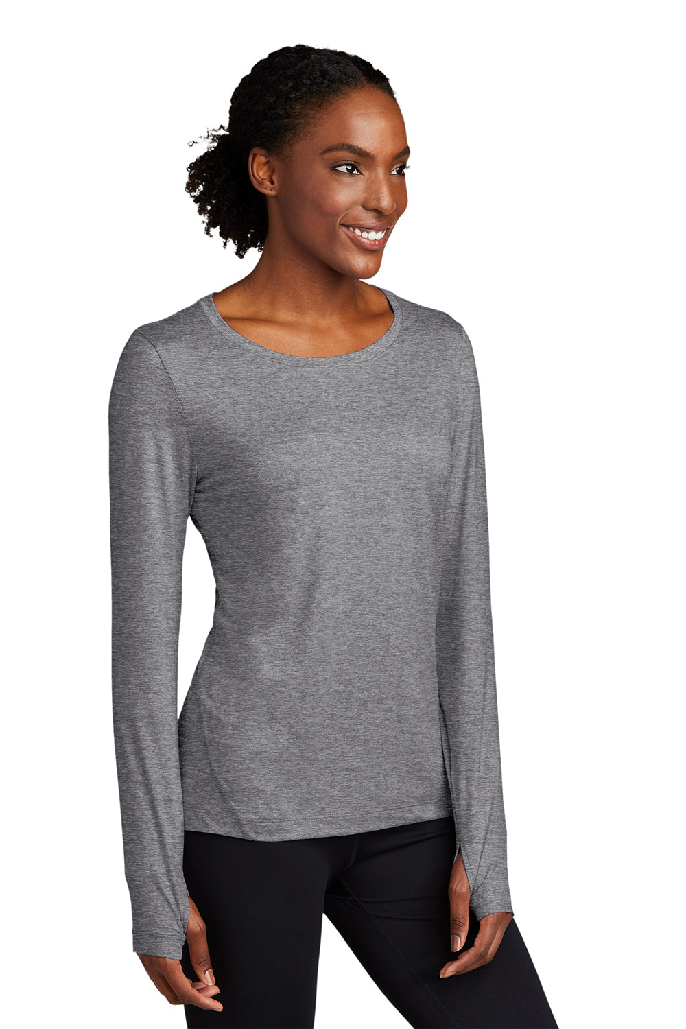 Sport-Tek LST710 Womens Exchange 1.5 Long Sleeve Crewneck T-Shirt Heather Grey Model 3q