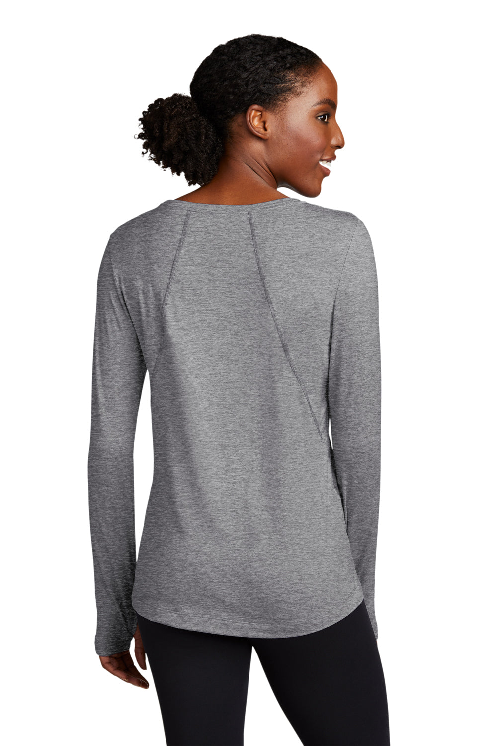 Sport-Tek LST710 Womens Exchange 1.5 Long Sleeve Crewneck T-Shirt Heather Grey Model Back