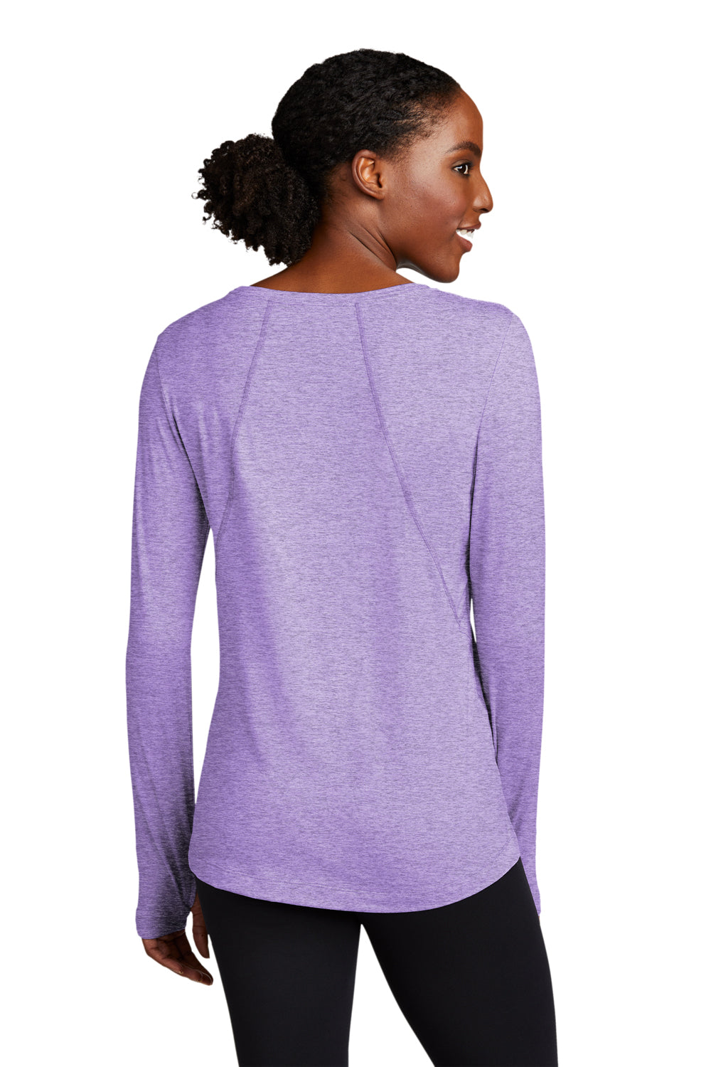 Sport-Tek LST710 Womens Exchange 1.5 Long Sleeve Crewneck T-Shirt Heather Hyacinth Purple Model Back