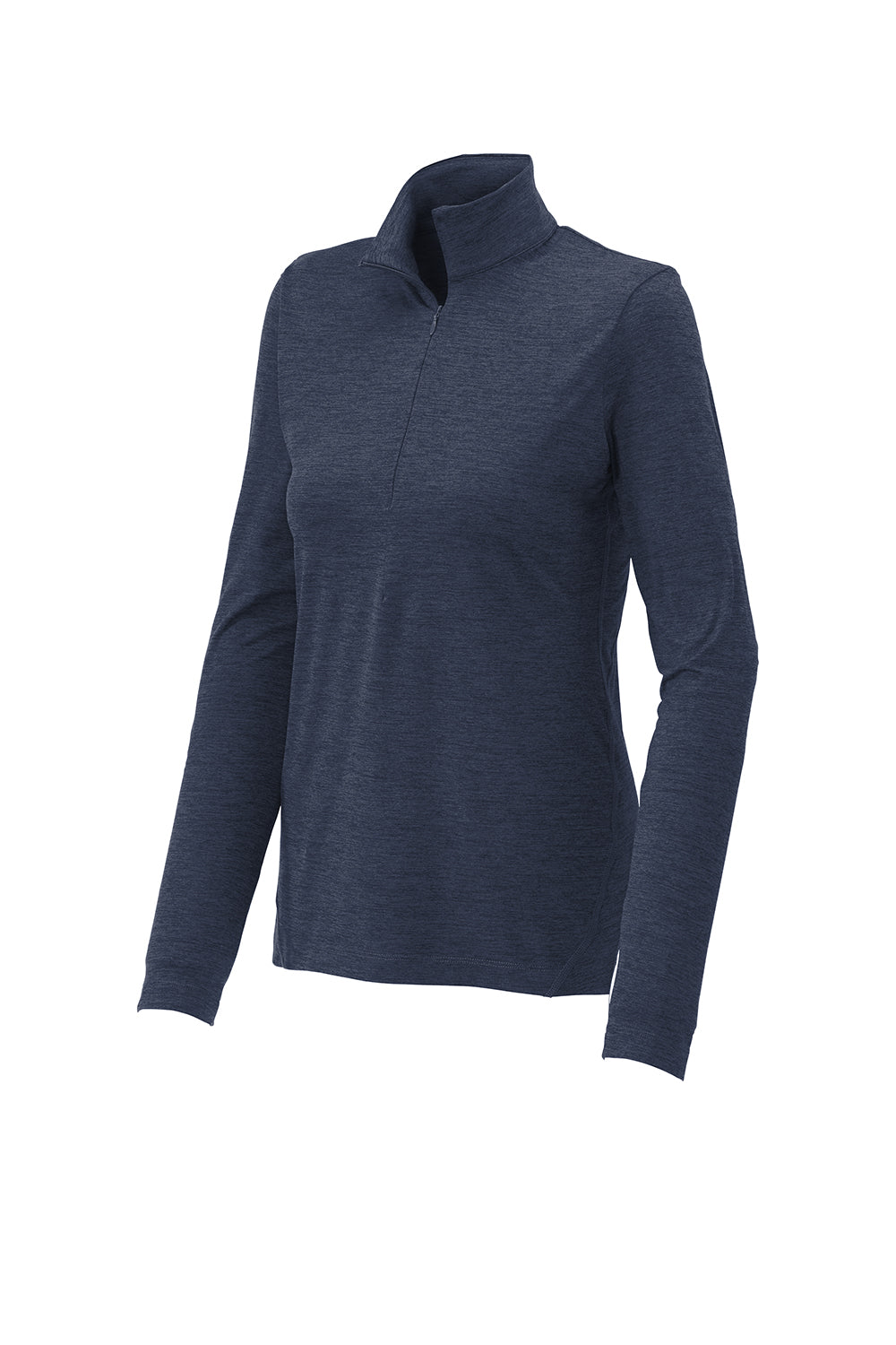 Sport-Tek LST711 Womens Exchange 1.5 Long Sleeve 1/4 Zip T-Shirt Heather Dark Denim Blue Flat Front