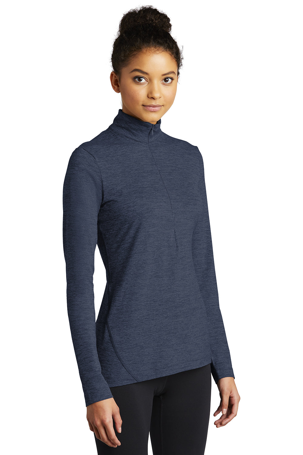 Sport-Tek LST711 Womens Exchange 1.5 Long Sleeve 1/4 Zip T-Shirt Heather Dark Denim Blue Model 3q