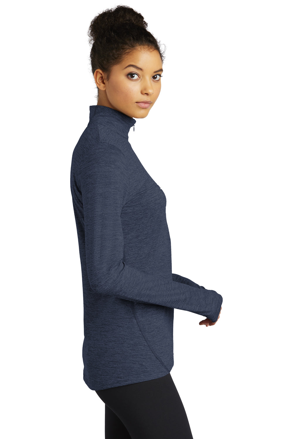 Sport-Tek LST711 Womens Exchange 1.5 Long Sleeve 1/4 Zip T-Shirt Heather Dark Denim Blue Model Side