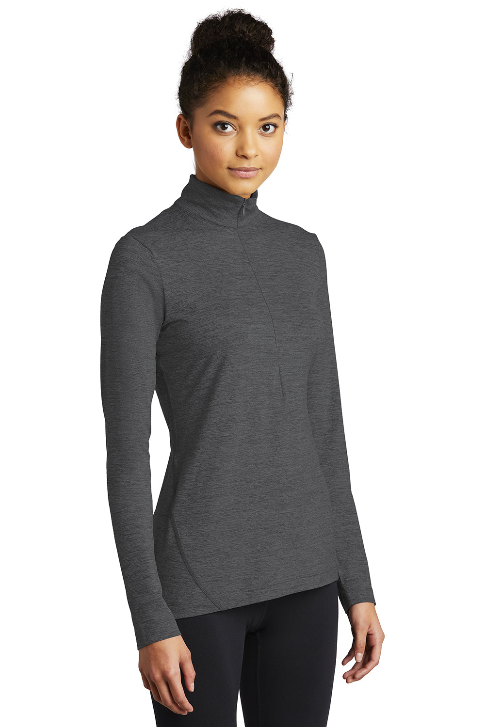 Sport-Tek LST711 Womens Exchange 1.5 Long Sleeve 1/4 Zip T-Shirt Heather Graphite Grey Model 3q