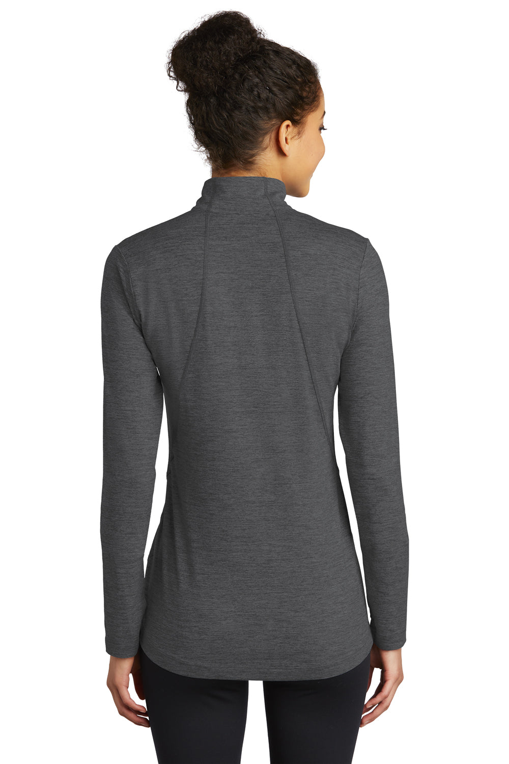 Sport-Tek LST711 Womens Exchange 1.5 Long Sleeve 1/4 Zip T-Shirt Heather Graphite Grey Model Back