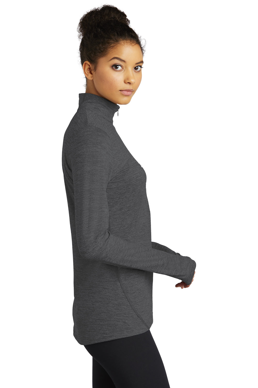 Sport-Tek LST711 Womens Exchange 1.5 Long Sleeve 1/4 Zip T-Shirt Heather Graphite Grey Model Side