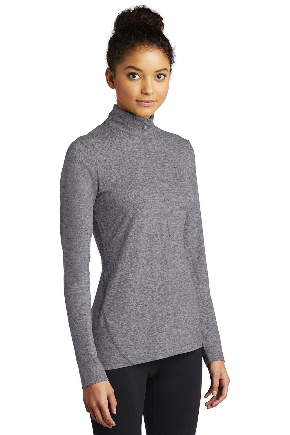 Sport-Tek LST711 Womens Exchange 1.5 Long Sleeve 1/4 Zip T-Shirt Heather Grey Model 3q