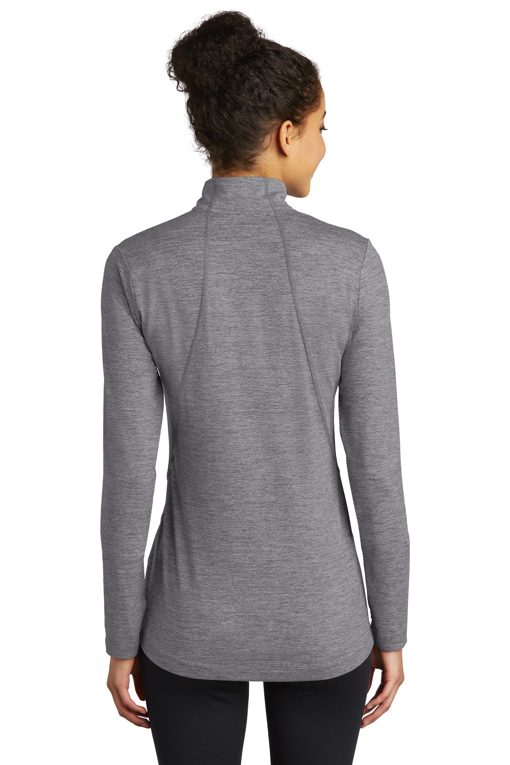 Sport-Tek LST711 Womens Exchange 1.5 Long Sleeve 1/4 Zip T-Shirt Heather Grey Model Back