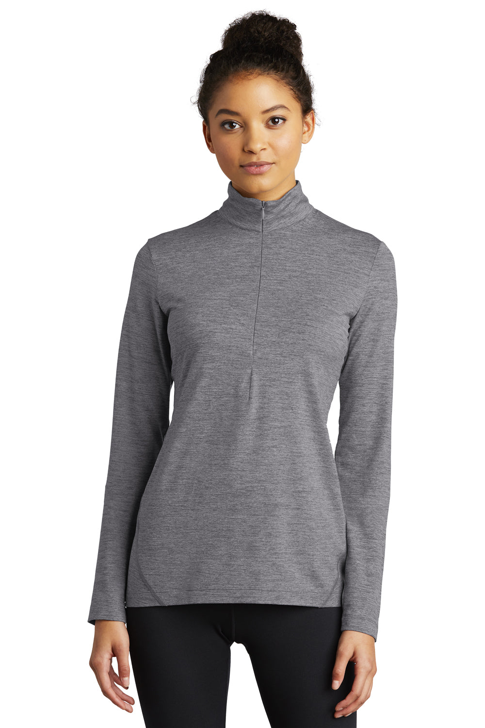 Sport-Tek LST711 Womens Exchange 1.5 Long Sleeve 1/4 Zip T-Shirt Heather Grey Model Front