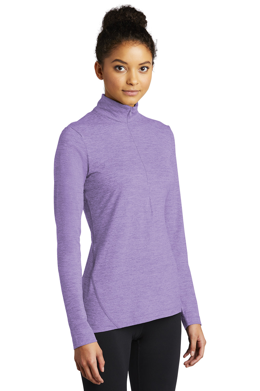 Sport-Tek LST711 Womens Exchange 1.5 Long Sleeve 1/4 Zip T-Shirt Heather Hyacinth Purple Model 3q