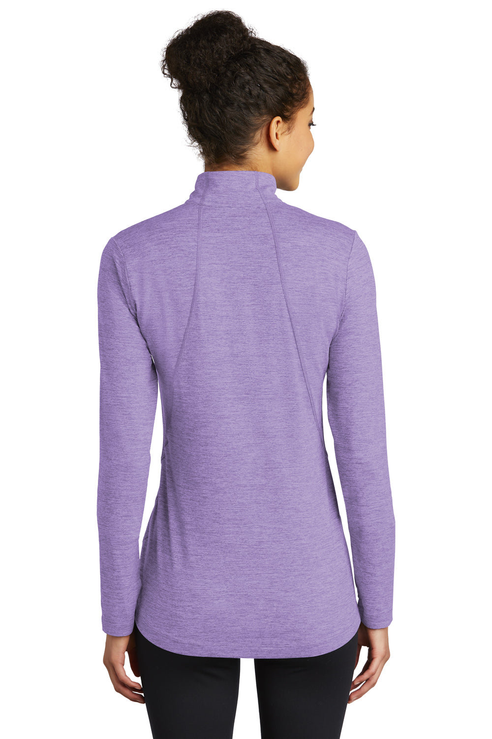 Sport-Tek LST711 Womens Exchange 1.5 Long Sleeve 1/4 Zip T-Shirt Heather Hyacinth Purple Model Back