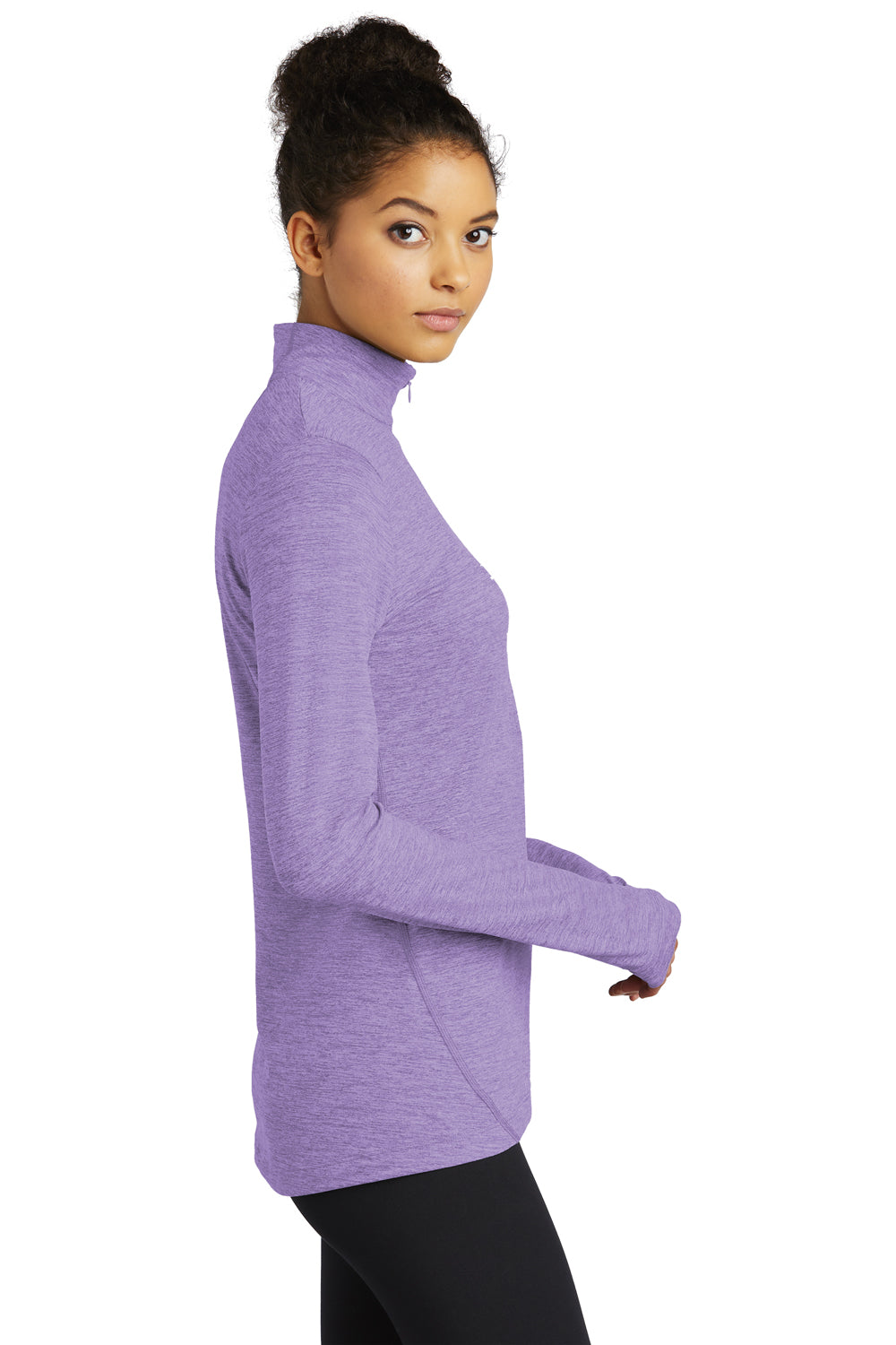 Sport-Tek LST711 Womens Exchange 1.5 Long Sleeve 1/4 Zip T-Shirt Heather Hyacinth Purple Model Side