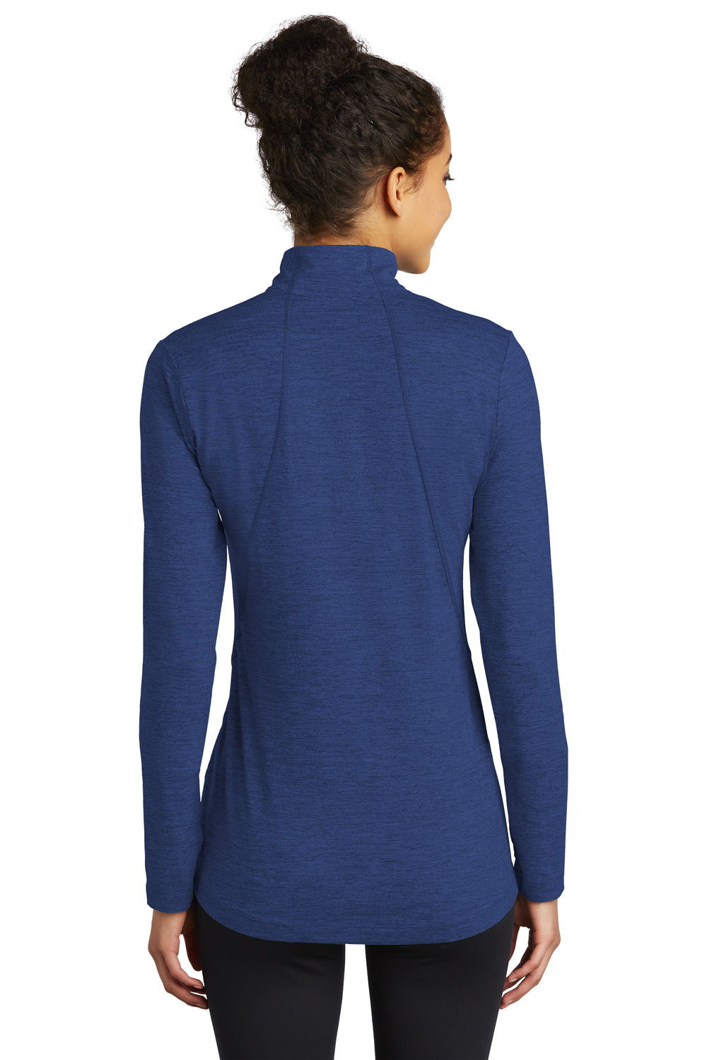 Sport-Tek LST711 Womens Exchange 1.5 Long Sleeve 1/4 Zip T-Shirt Heather True Royal Blue Model Back