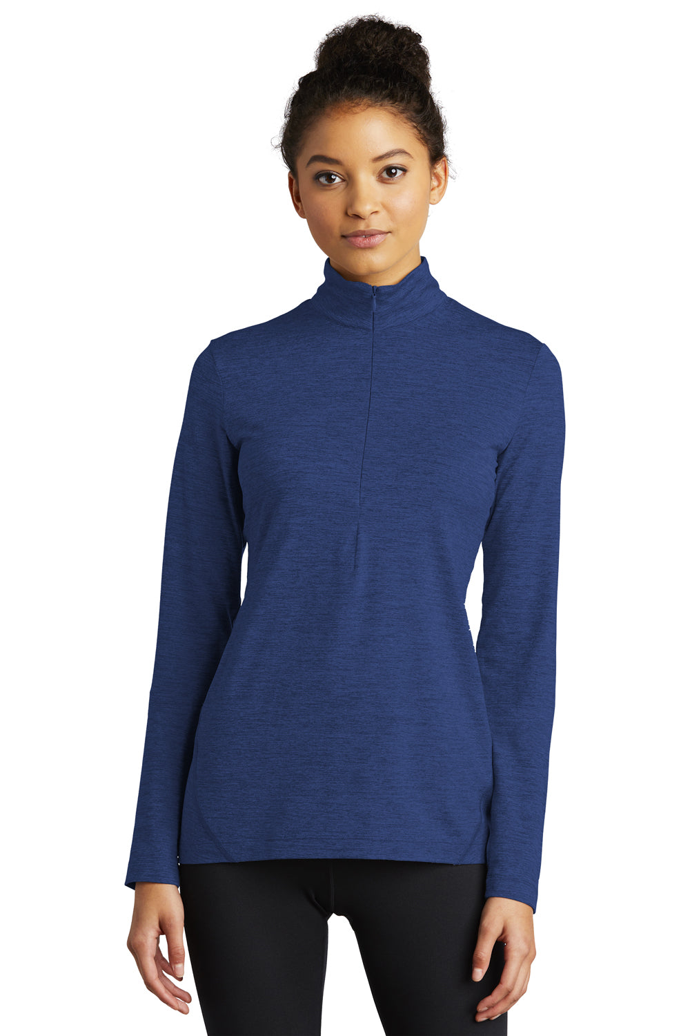 Sport-Tek LST711 Womens Exchange 1.5 Long Sleeve 1/4 Zip T-Shirt Heather True Royal Blue Model Front