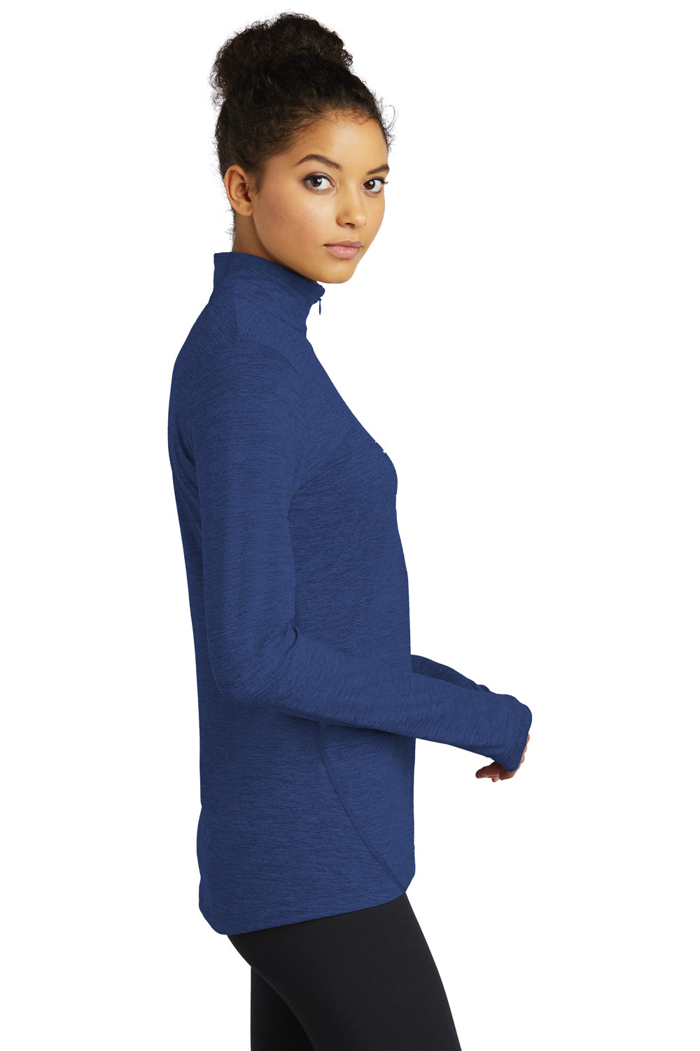 Sport-Tek LST711 Womens Exchange 1.5 Long Sleeve 1/4 Zip T-Shirt Heather True Royal Blue Model Side