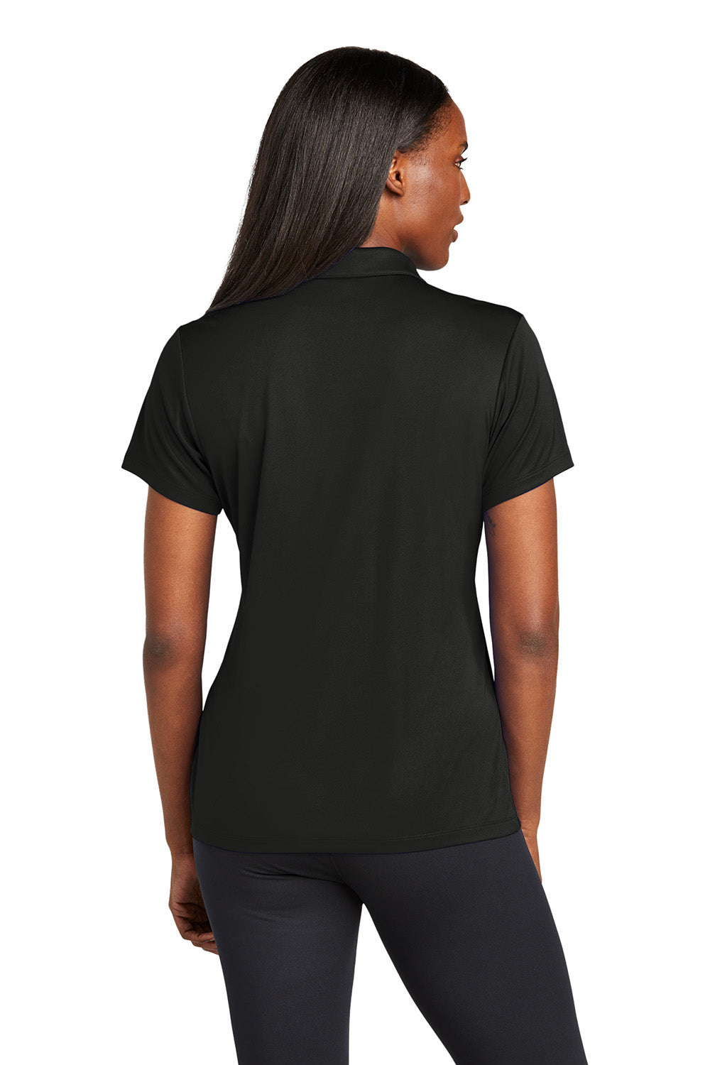 Sport-Tek LST725 Womens PosiCharge Re-Compete Short Sleeve Polo Shirt Black Model Back