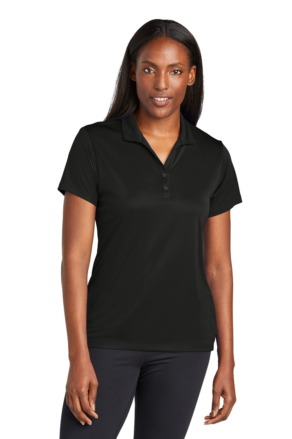 Sport-Tek LST725 Womens PosiCharge Re-Compete Short Sleeve Polo Shirt Black Model Front