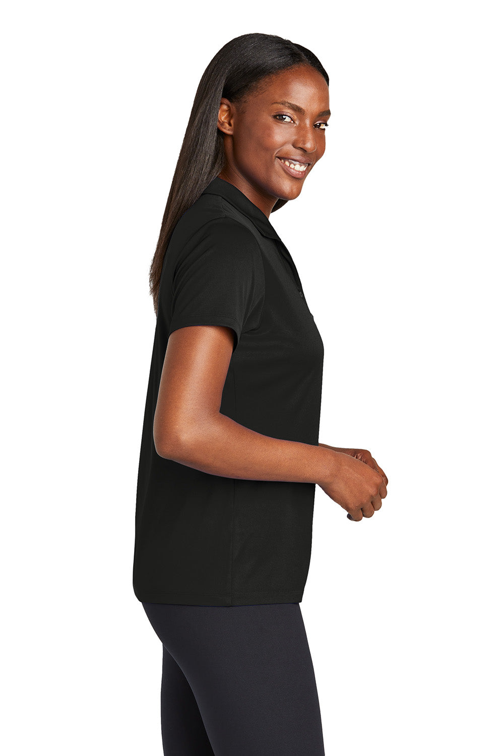 Sport-Tek LST725 Womens PosiCharge Re-Compete Short Sleeve Polo Shirt Black Model Side