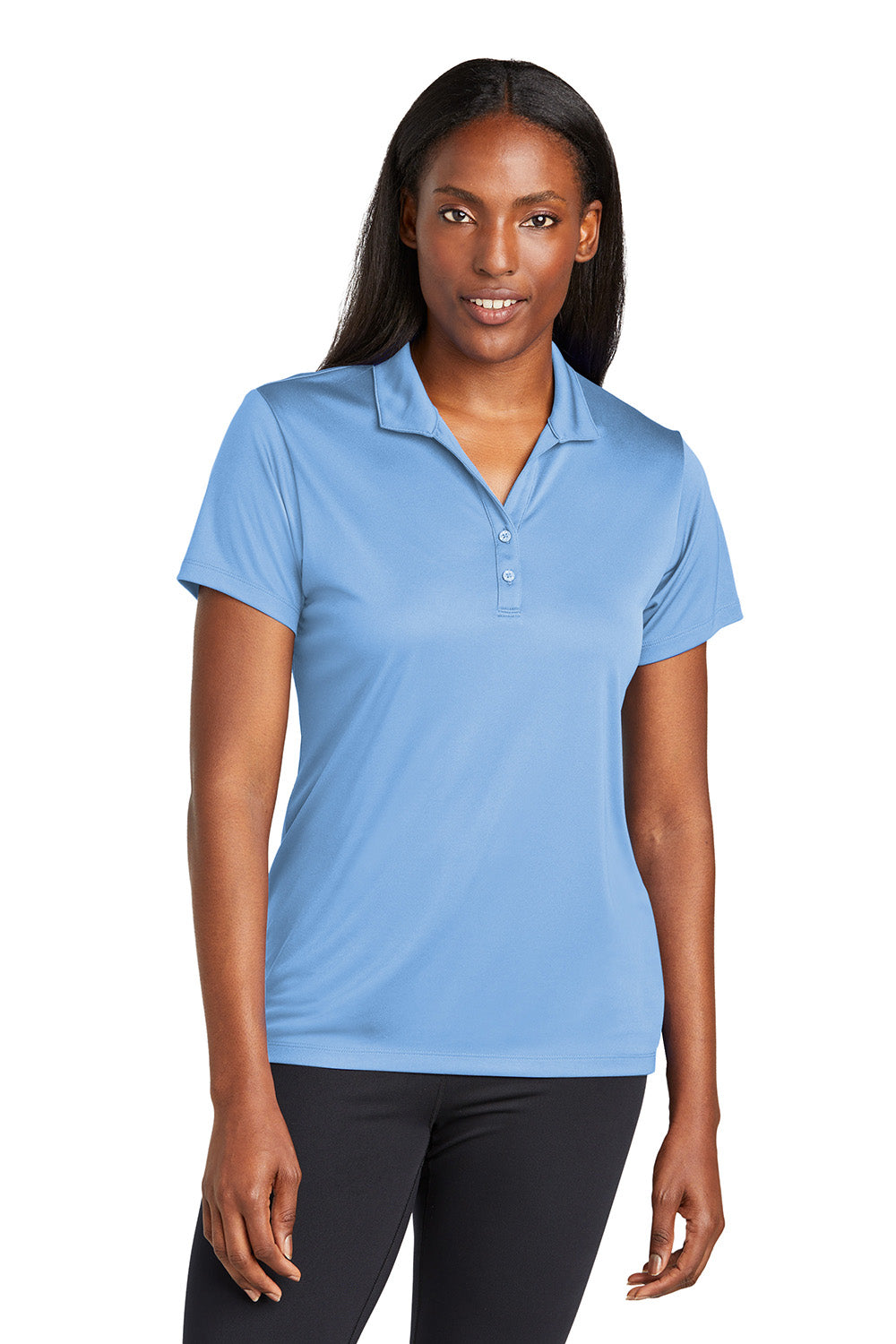 Sport-Tek LST725 Womens PosiCharge Re-Compete Short Sleeve Polo Shirt Carolina Blue Model Front