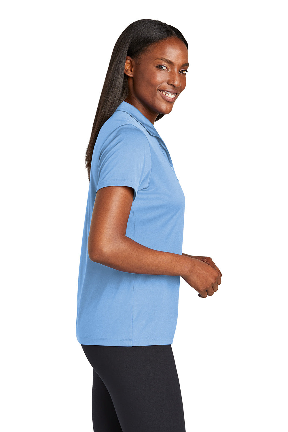 Sport-Tek LST725 Womens PosiCharge Re-Compete Short Sleeve Polo Shirt Carolina Blue Model Side