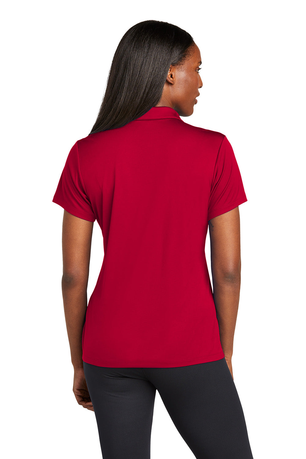 Sport-Tek LST725 Womens PosiCharge Re-Compete Short Sleeve Polo Shirt Deep Red Model Back