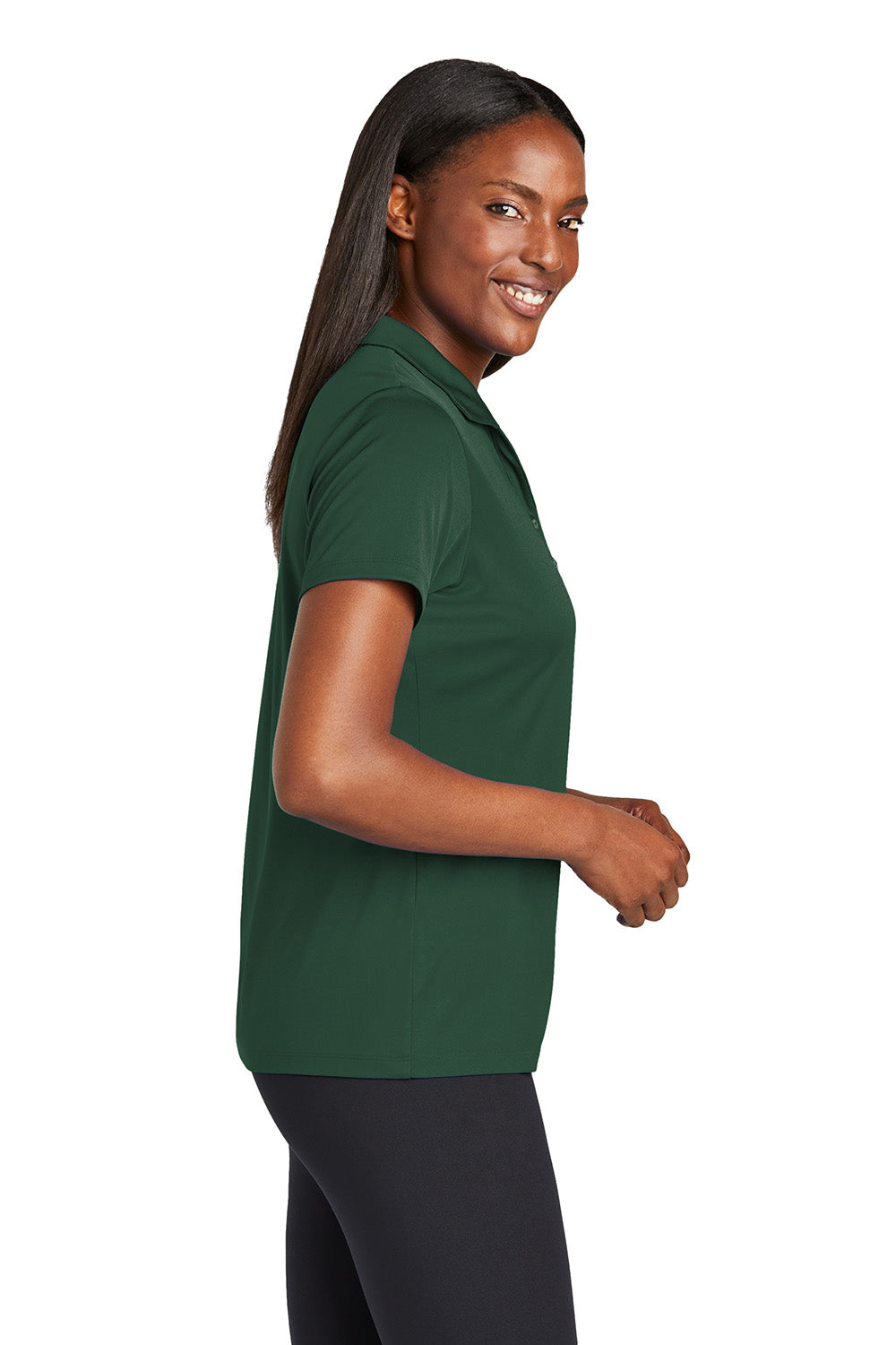 Sport-Tek LST725 Womens PosiCharge Re-Compete Short Sleeve Polo Shirt Forest Green Model Side