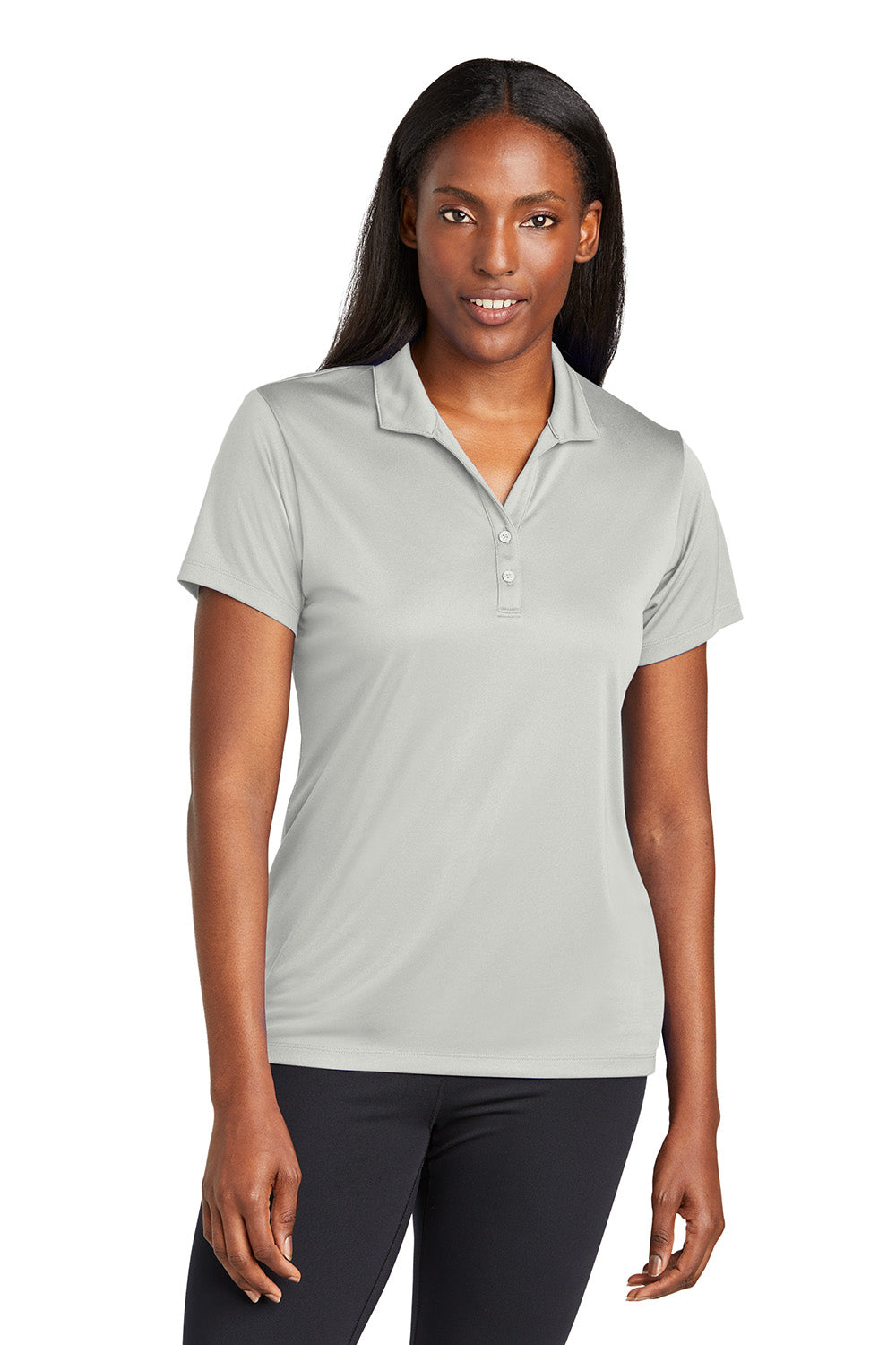 Sport-Tek LST725 Womens PosiCharge Re-Compete Short Sleeve Polo Shirt Silver Grey Model Front