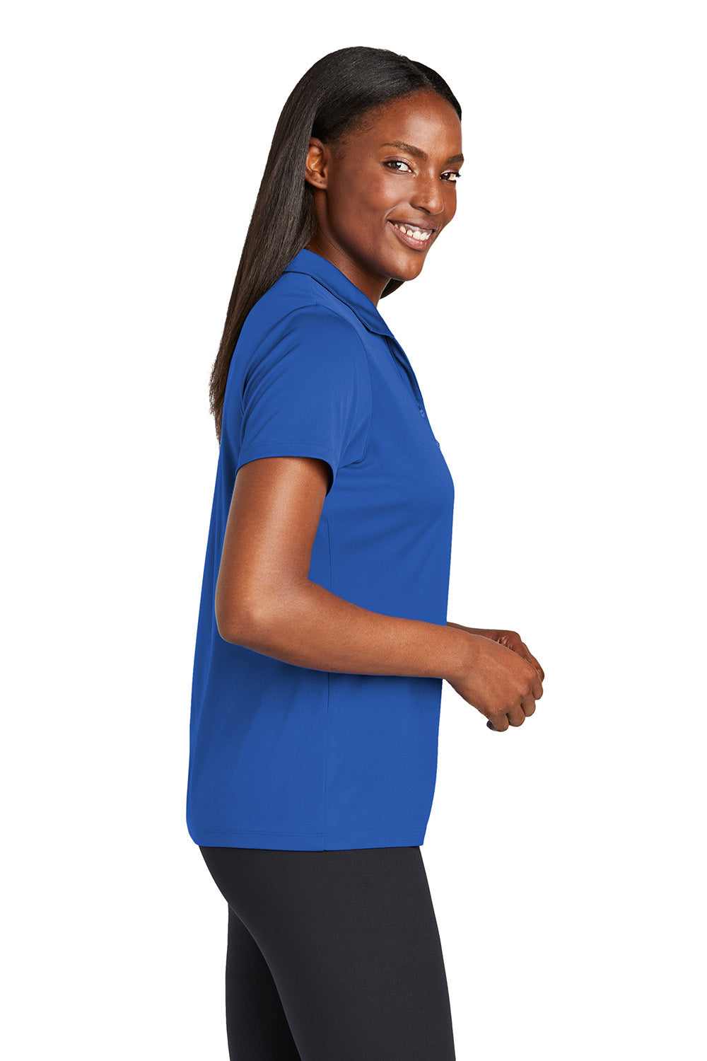 Sport-Tek LST725 Womens PosiCharge Re-Compete Short Sleeve Polo Shirt True Royal Blue Model Side