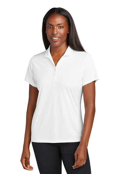 Sport-Tek LST725 Womens PosiCharge Re-Compete Short Sleeve Polo Shirt White Model Front