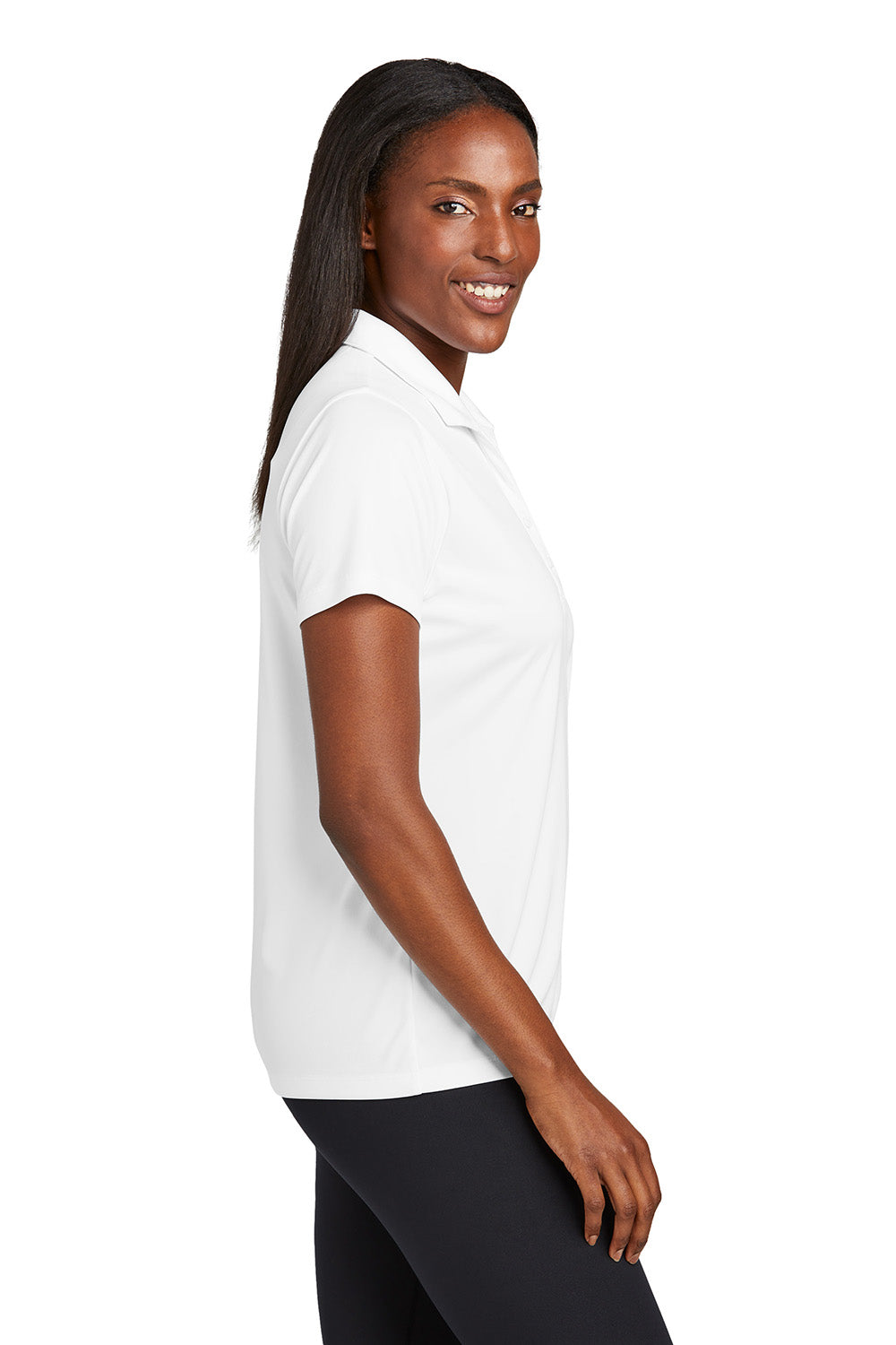 Sport-Tek LST725 Womens PosiCharge Re-Compete Short Sleeve Polo Shirt White Model Side