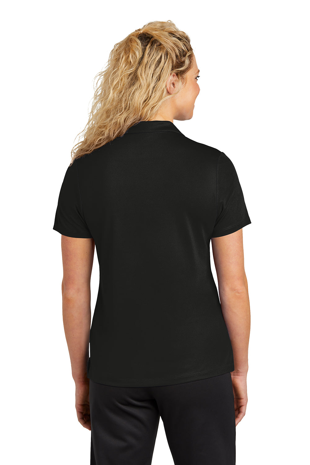 Sport-Tek LST740 Womens Moisture Wicking Micropique Short Sleeve Polo Shirt Black Model Back