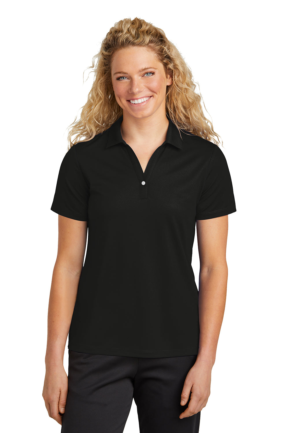 Sport-Tek LST740 Womens Moisture Wicking Micropique Short Sleeve Polo Shirt Black Model Front