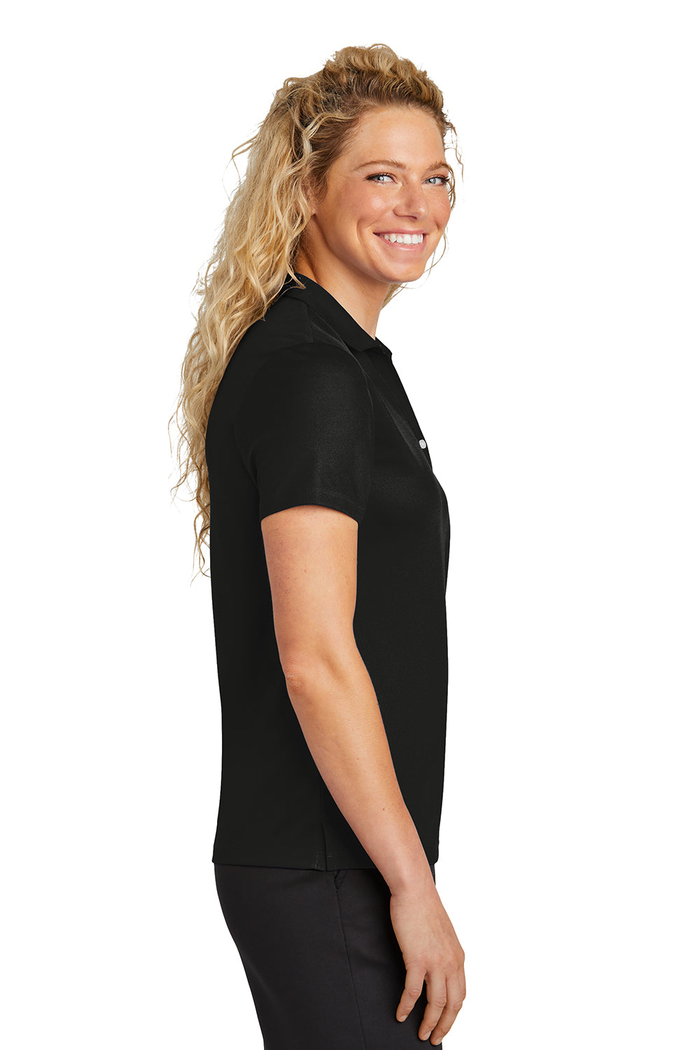 Sport-Tek LST740 Womens Moisture Wicking Micropique Short Sleeve Polo Shirt Black Model Side