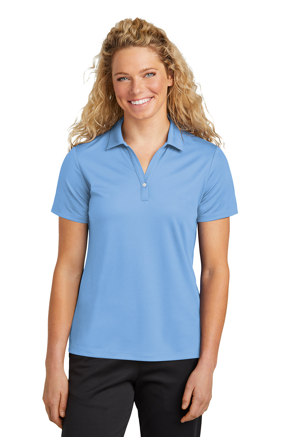 Sport-Tek LST740 Womens Moisture Wicking Micropique Short Sleeve Polo Shirt Carolina Blue Model Front