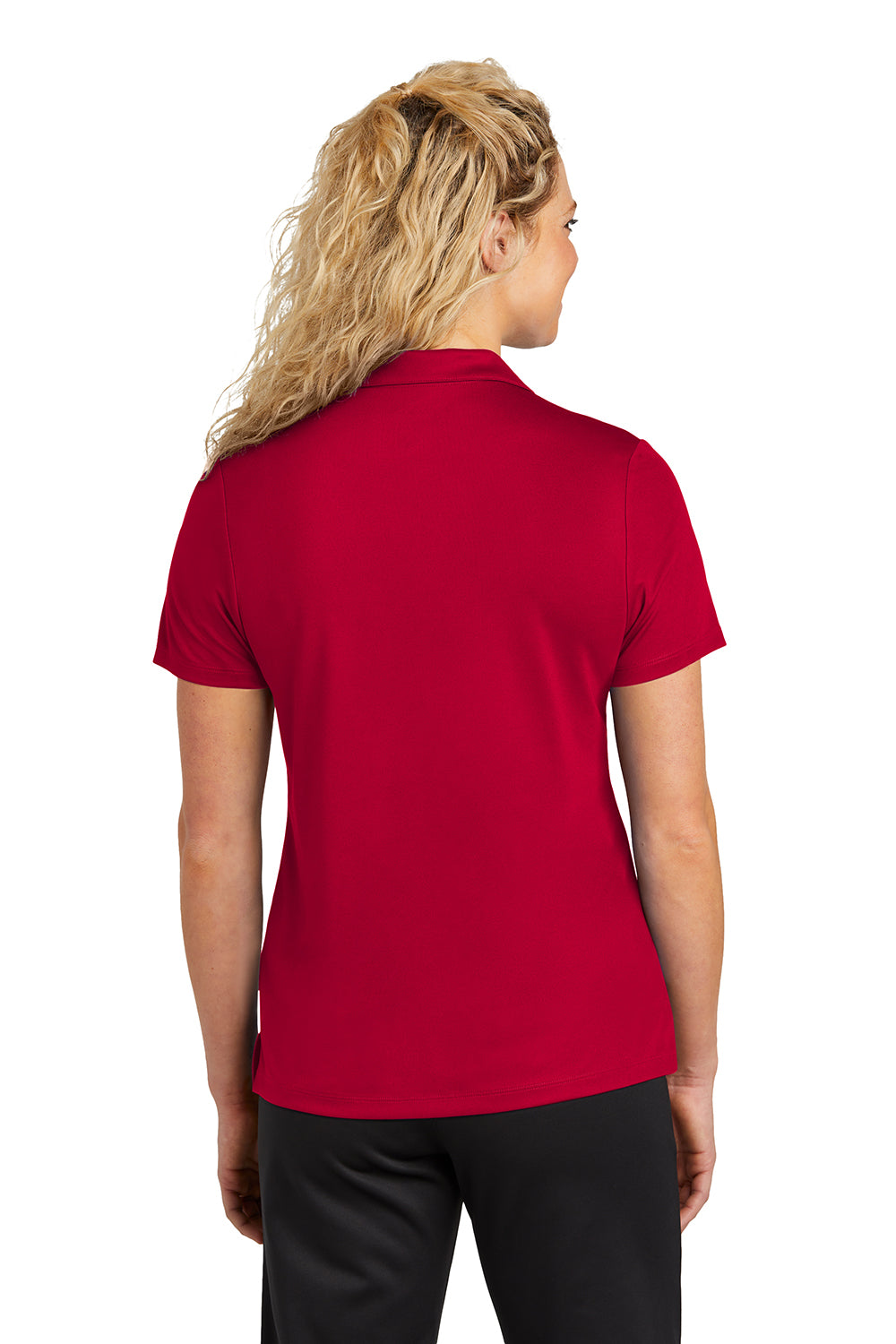 Sport-Tek LST740 Womens Moisture Wicking Micropique Short Sleeve Polo Shirt Deep Red Model Back