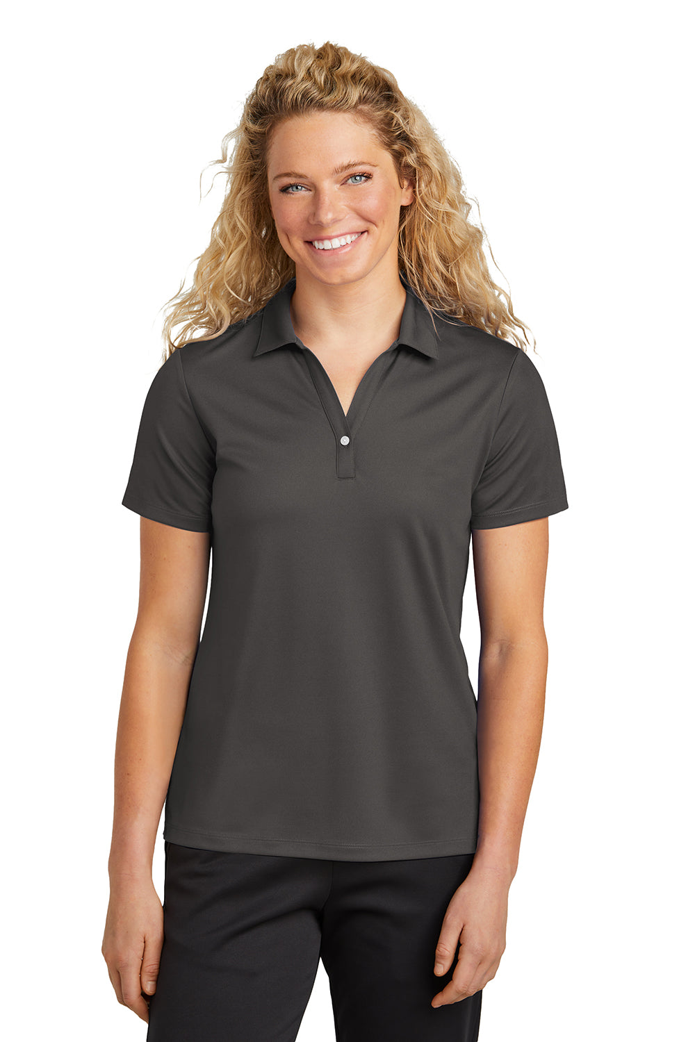 Sport-Tek LST740 Womens Moisture Wicking Micropique Short Sleeve Polo Shirt Graphite Grey Model Front