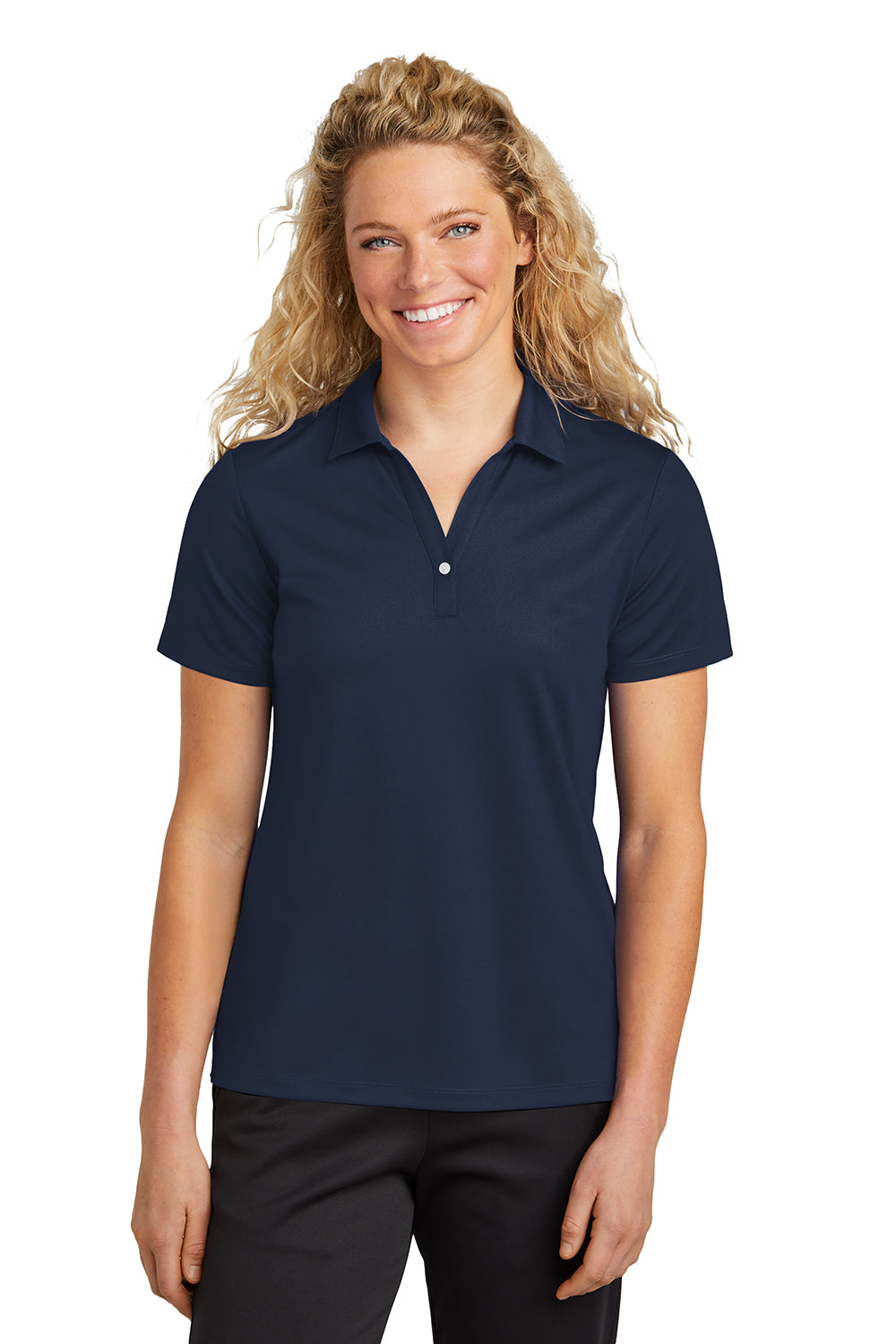 Sport-Tek LST740 Womens Moisture Wicking Micropique Short Sleeve Polo Shirt True Navy Blue Model Front