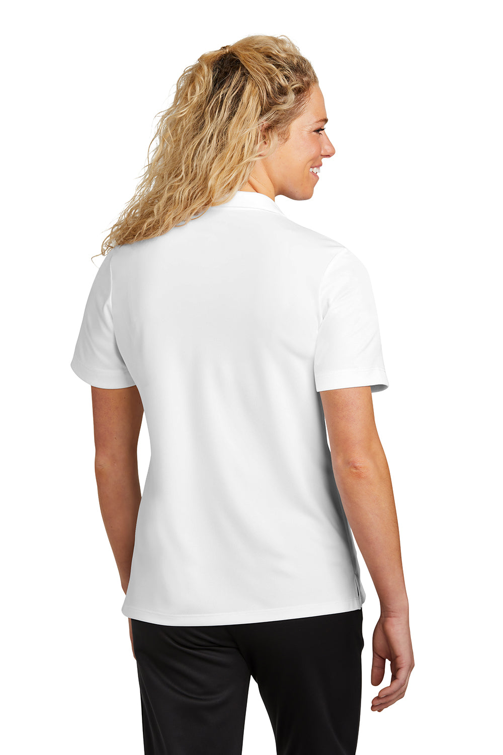 Sport-Tek LST740 Womens Moisture Wicking Micropique Short Sleeve Polo Shirt White Model Back