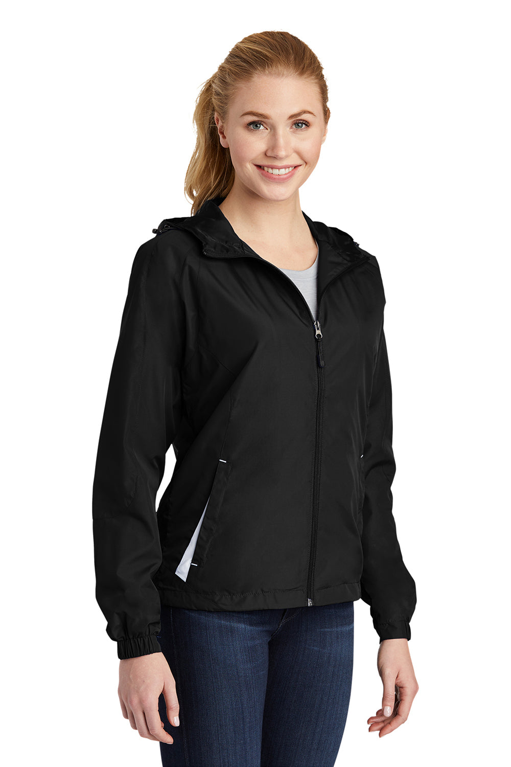 Sport-Tek LST76 Womens Water Resistant Full Zip Hooded Jacket Black/White Model 3q