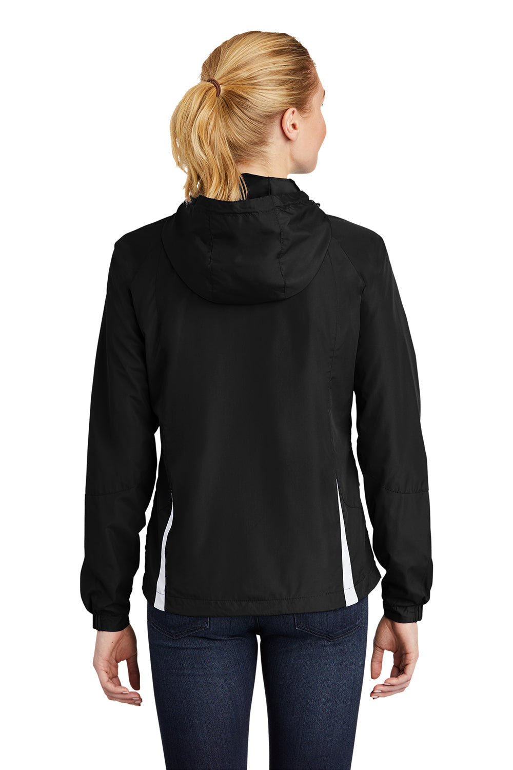 Sport-Tek LST76 Womens Water Resistant Full Zip Hooded Jacket Black/White Model Back