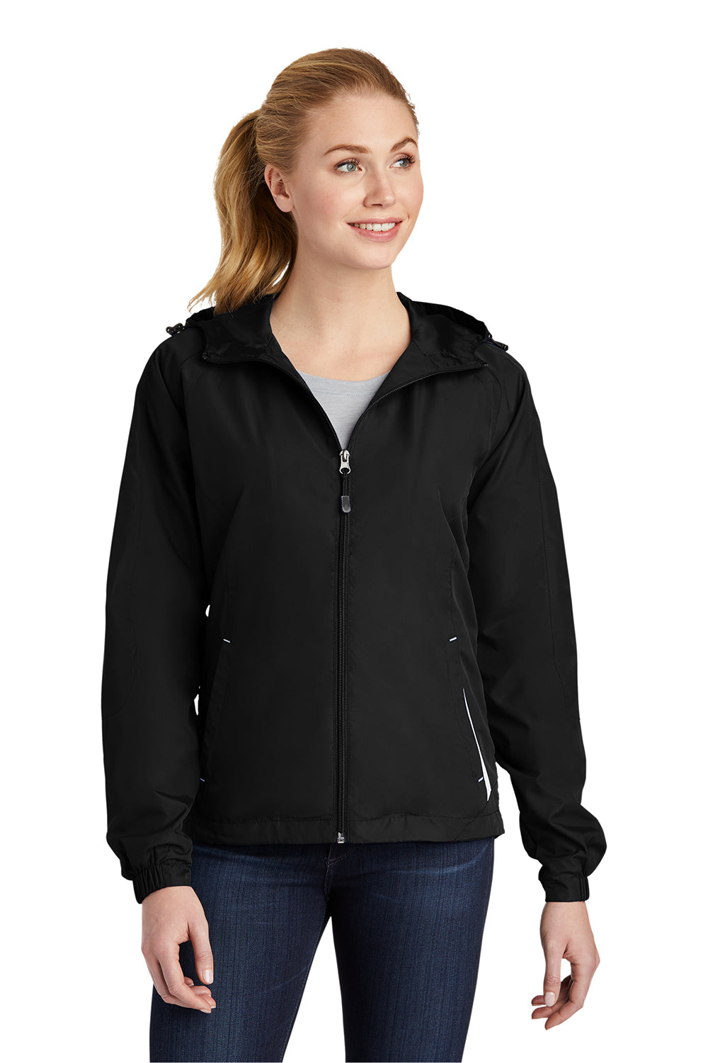 Sport-Tek LST76 Womens Water Resistant Full Zip Hooded Jacket Black/White Model Front