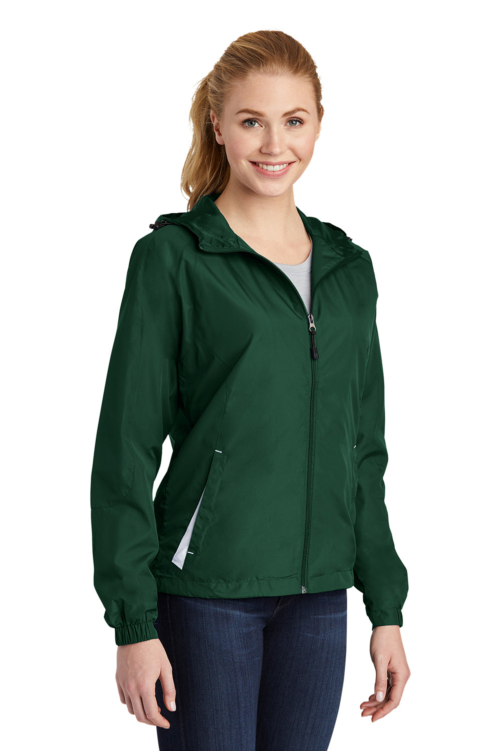 Sport-Tek LST76 Womens Water Resistant Full Zip Hooded Jacket Forest Green/White Model 3q