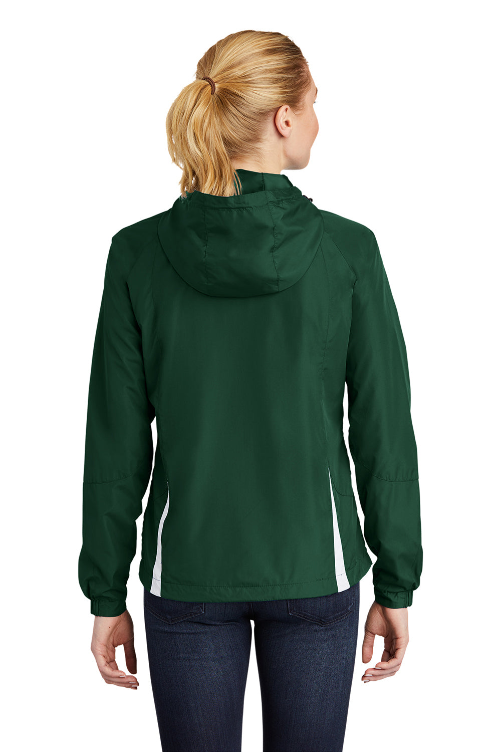 Sport-Tek LST76 Womens Water Resistant Full Zip Hooded Jacket Forest Green/White Model Back