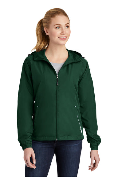 Sport-Tek LST76 Womens Water Resistant Full Zip Hooded Jacket Forest Green/White Model Front