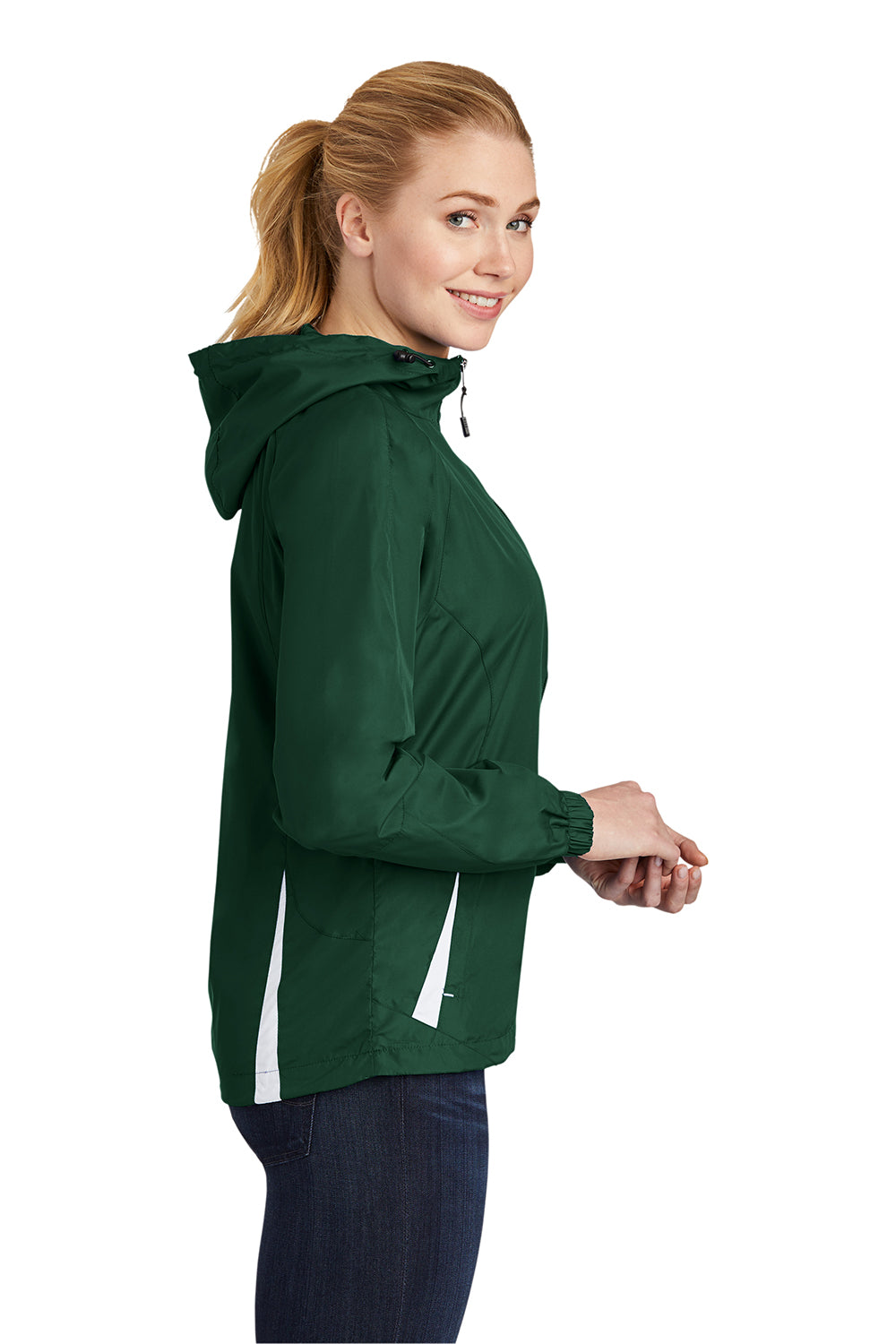 Sport-Tek LST76 Womens Water Resistant Full Zip Hooded Jacket Forest Green/White Model Side