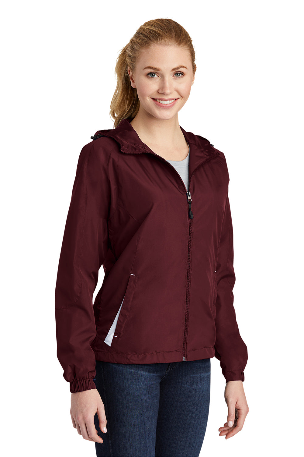 Sport-Tek LST76 Womens Water Resistant Full Zip Hooded Jacket Maroon/White Model 3q