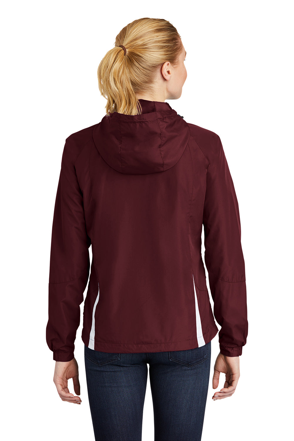 Sport-Tek LST76 Womens Water Resistant Full Zip Hooded Jacket Maroon/White Model Back