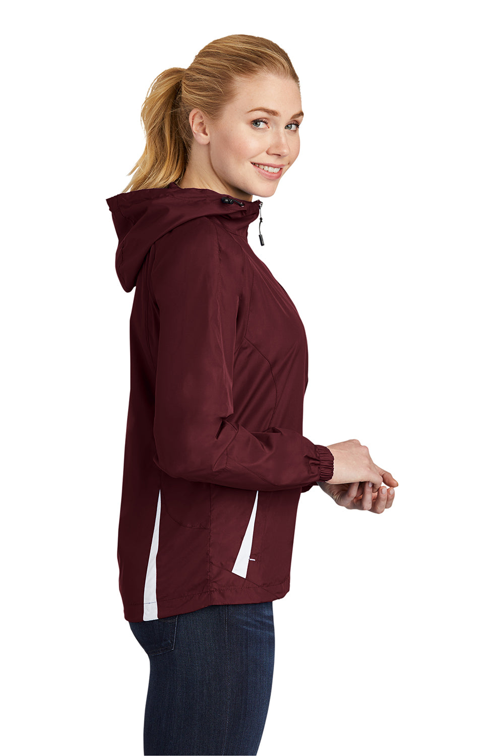 Sport-Tek LST76 Womens Water Resistant Full Zip Hooded Jacket Maroon/White Model Side