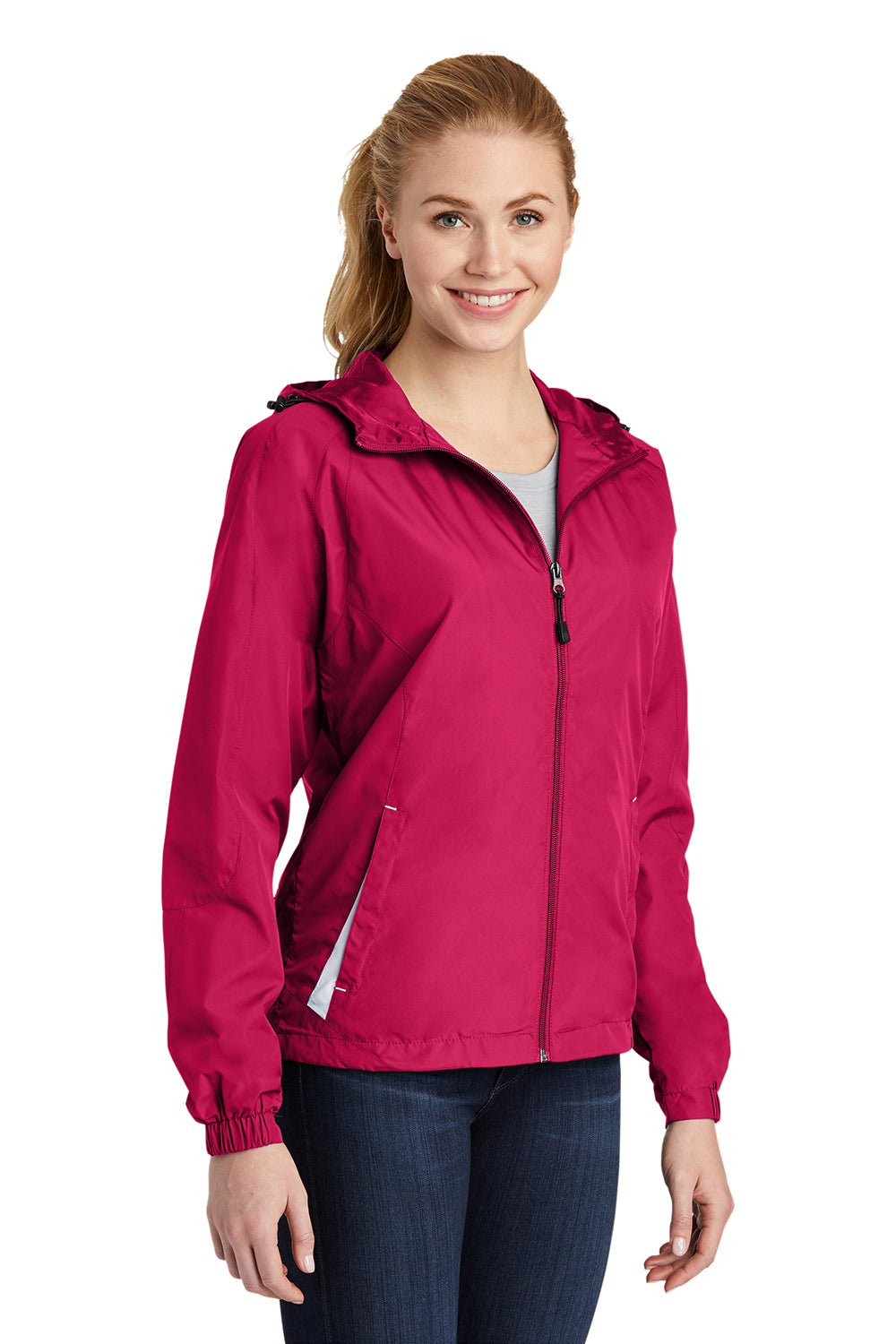 Sport-Tek LST76 Womens Water Resistant Full Zip Hooded Jacket Raspberry Pink/White Model 3q