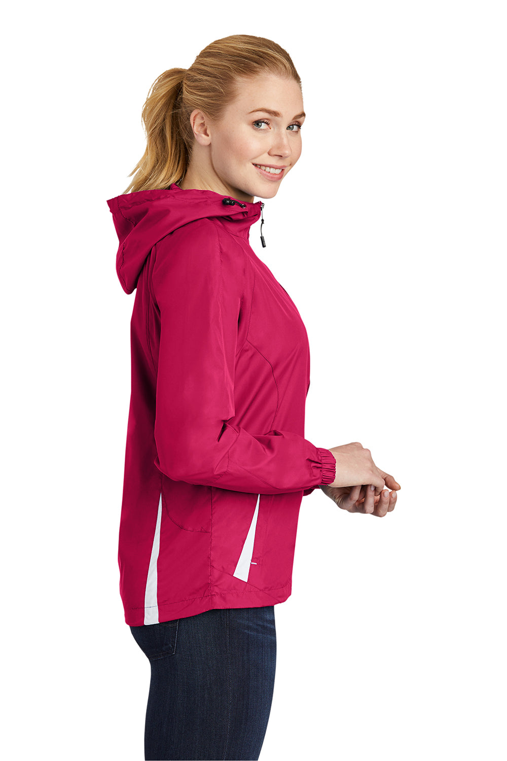 Sport-Tek LST76 Womens Water Resistant Full Zip Hooded Jacket Raspberry Pink/White Model Side